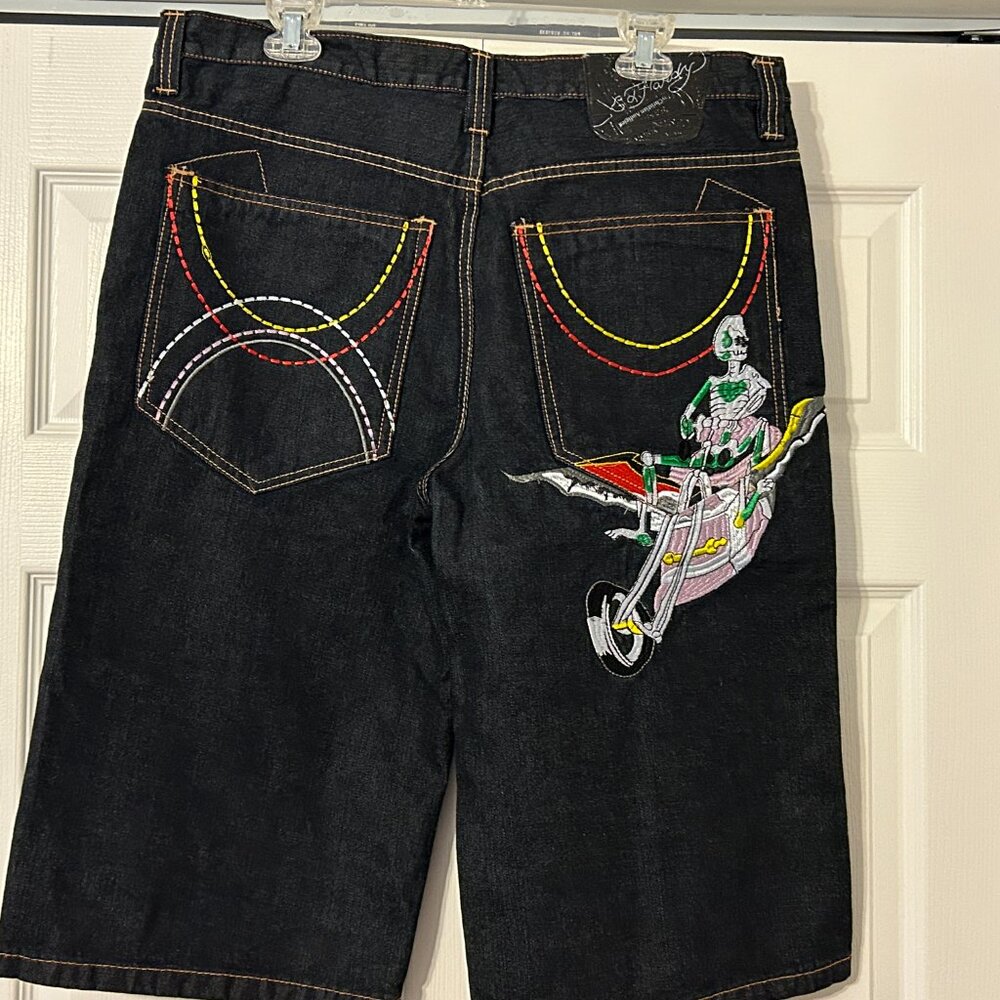 Vtg ED HARDY Christian Audigier Sz 36 Embroidered Skeleton on Bike Jean Shorts